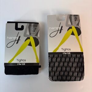 Hanes Tights 2-Pair Eyelet Net Placed Scroll Nylon Spandex Black Size Medium New